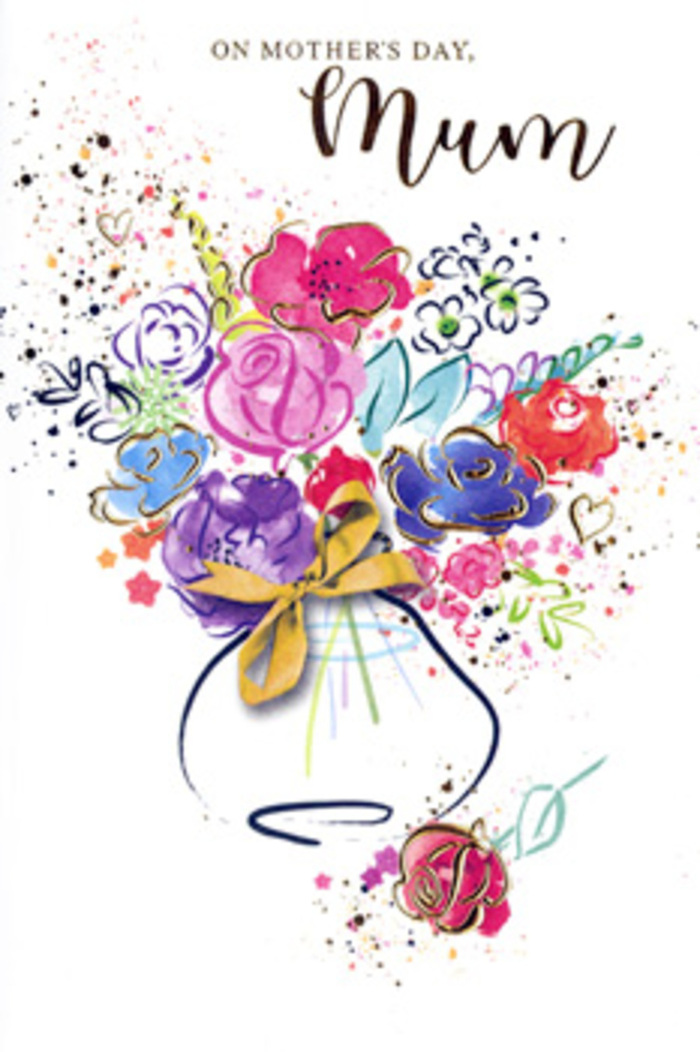 This Mother's Day card features an exuberant, watercolour-style bouquet that looks freshly painted, brimming with colour and heartfelt emotion. The blossoms are suggested rather than precisely defined, with generous strokes of vivid cerise, fuchsia, and rich rose pink layered alongside cooler swathes of indigo, violet, and gentle blue. Here and there, softer notes of apricot and peach peek through, giving the arrangement a sun-kissed glow, like the first blossoms seen on an early walk through one of Redhill's tree-lined streets. Fine lines and tiny accents of gold ink lightly outline petals and leaves, adding a subtle sparkle that never overwhelms the softness of the watercolour wash. These golden touches dance across the bouquet and continue into the trim of the vase, where a small golden bow rests at the front, evoking the neat finishing flourish found on a ribbon-tied bouquet prepared in a local florist's studio. Around the central bouquet, playful spatters of paint, drifting hearts, and scattered dots of colour add a sense of joy and movement, as if the flowers are radiating warmth outwards. The white background allows every tone to stand clear and bright, amplifying the feeling of light and open space. The mood is one of gratitude, tenderness, and quiet celebration, ideal for expressing thanks to a mum who loves art and flowers in equal measure. It reads like a visual love letter, a floral scene on paper that could be delivered alongside fresh blooms to homes across Redhill, carrying the message that she is cherished every day.