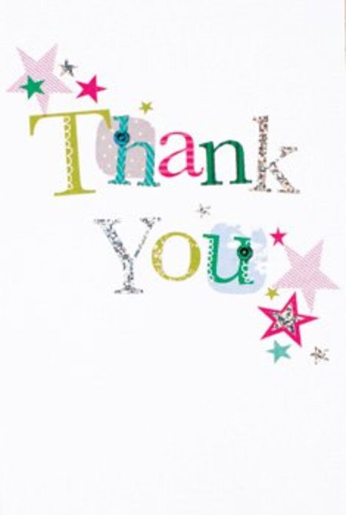 The thank you card's elegant composition blends gentle exuberance and polished cheer, a quality that echoes the welcoming spirit of Redhill's neighbourhoods. Each softly arching letter is shaded uniquely-some lively with polka dots or stitched edges, others shimmering with delicate silver-a nod to the artisanal creativity local florists bring to the area. Interspersed around the phrase, clusters of vibrant stars appear: some softly striped with magenta, others deepened with turquoise or sparkling silver, much like the subtle highlights in a well-designed bouquet from our shops near Warwick Quadrant. The pristine white background enhances this airy, modern mood, providing space for the joyful arrangements of colour and form. The composition exudes approachable sophistication-never too formal, yet brimming with heartfelt intention-which is why it slips so seamlessly into local life, whether tucked alongside blooms for a birthday along Station Road or as a thoughtful gesture after a gathering at Redhill Common. There's a subtle tactile quality to the card, its surface inviting to the touch, reflecting the same attention to detail and emotion that Flowers Redhill strives for with every fresh arrangement. Above all, this card offers more than a simple thank you; it shares a moment of celebration, as vibrant and memorable as the bonds within the Redhill community.