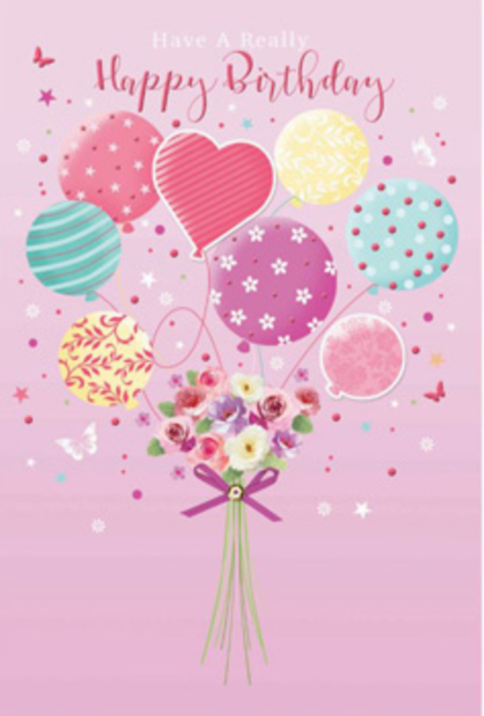 Illustrated birthday card scene featuring a dreamy bouquet of pastel balloons lifting a small, hand-tied posy of garden-style flowers, reminiscent of something a Redhill florist might sketch while planning a bespoke birthday gift. The background is a soft, powdery pink, similar to the gentle hues of blossom trees you might see around Redhill's quiet residential streets in spring. Floating above the bouquet, a cluster of balloons forms the heart of the design. Each balloon is different yet perfectly coordinated, with patterns that include candy-like stripes, scattered dots, and delicate, painterly whorls that suggest stylised petals or leaves. The colours move gracefully from rosy pink and peach to minty teal, pale lemon, and lavender, creating a soft, uplifting gradient that feels light as air. Below, the balloon strings gather at a petite arrangement of imagined roses and daisy-like blooms, their petals shaded from cream to blush, with hints of mauve at the edges. The blossoms look freshly opened, as if just cut from a Surrey garden shortly after sunrise, when the air is still cool and fragrant. A slim purple bow, rendered with a subtle sparkle, cinches the stems, echoing the careful finishing touches given in a local Redhill flower shop before a same-day birthday delivery. Tiny highlights across petals and balloon surfaces give the image an almost tangible quality, as though the scene is lightly bathed in afternoon sunshine. Overall, the artwork radiates gentle jubilation-a floating, floral moment of happiness tailored for a birthday, quietly carrying affection over Redhill, from homes near the town centre to the leafy edges of the Downs.